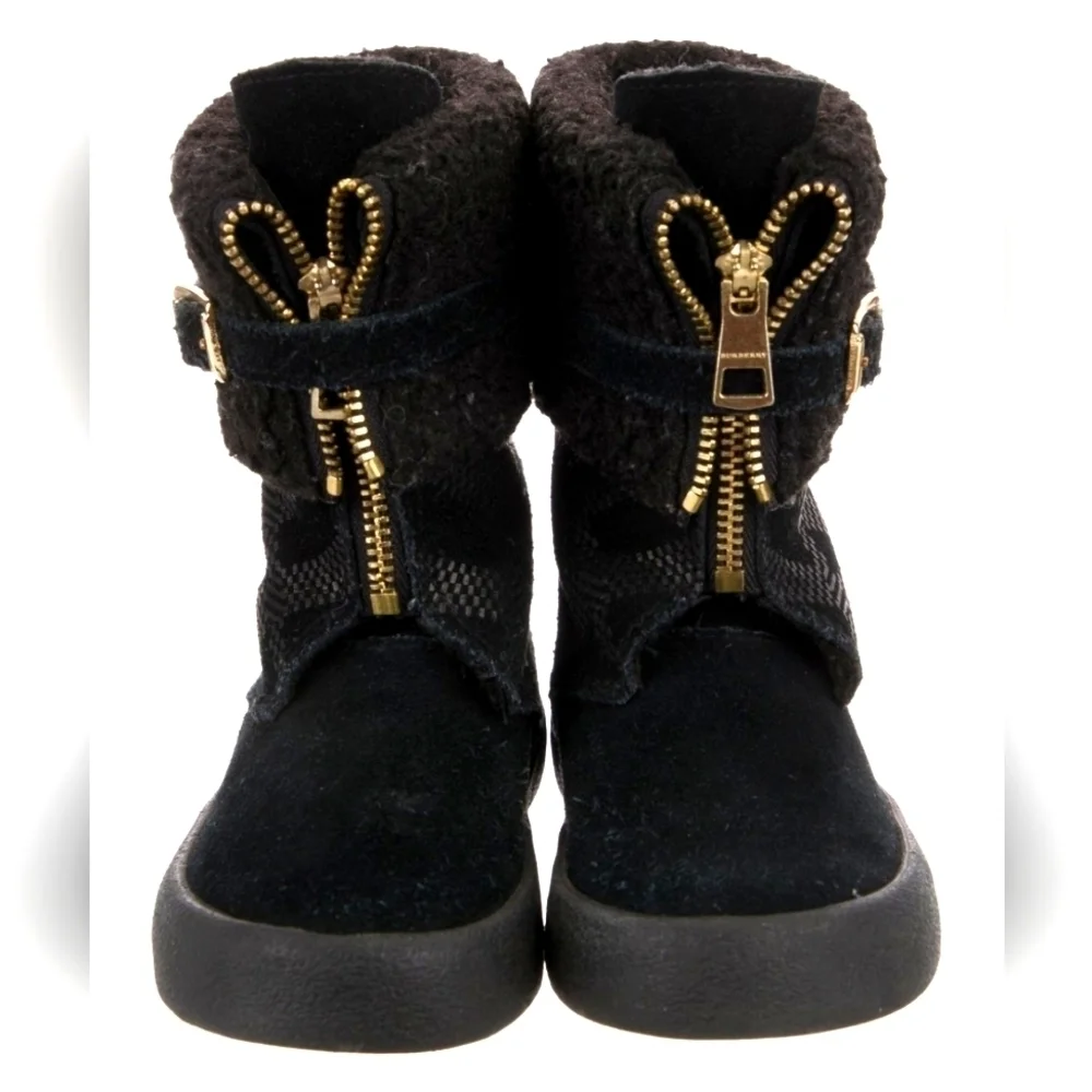 BURBERRY Girls Check Suede Leather Zip  Black Winter Boots New W/O Tags Size 23